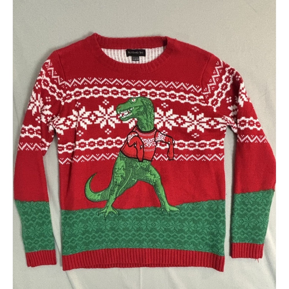 Blizzard Bay Boys XL 18/20 Christmas T-Rex Sweater Red Green Men's Small Pre-Own